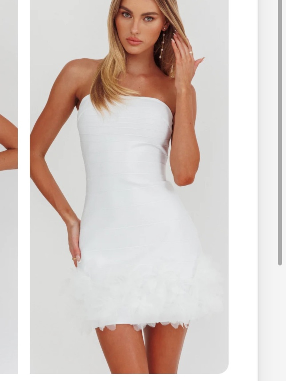 Selfie Leslie White Strapless Feather Hem Mini Dress